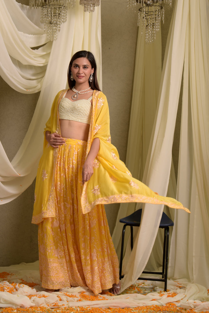 Reyna Gara Glazed Ghagra with Pearl Blouse and Dupatta- Yellow