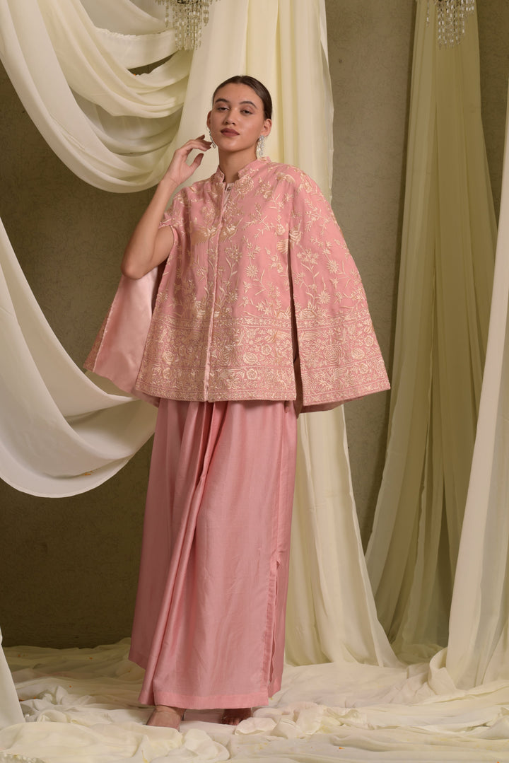 Reyna Gara Glazed Cape Jacket With Dhoti Skirt - Blush Pink