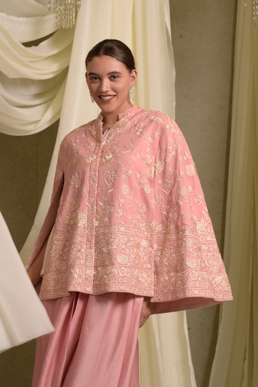 Reyna Gara Glazed Cape Jacket With Dhoti Skirt - Blush Pink