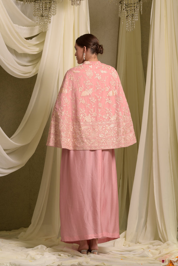 Reyna Gara Glazed Cape Jacket With Dhoti Skirt - Blush Pink