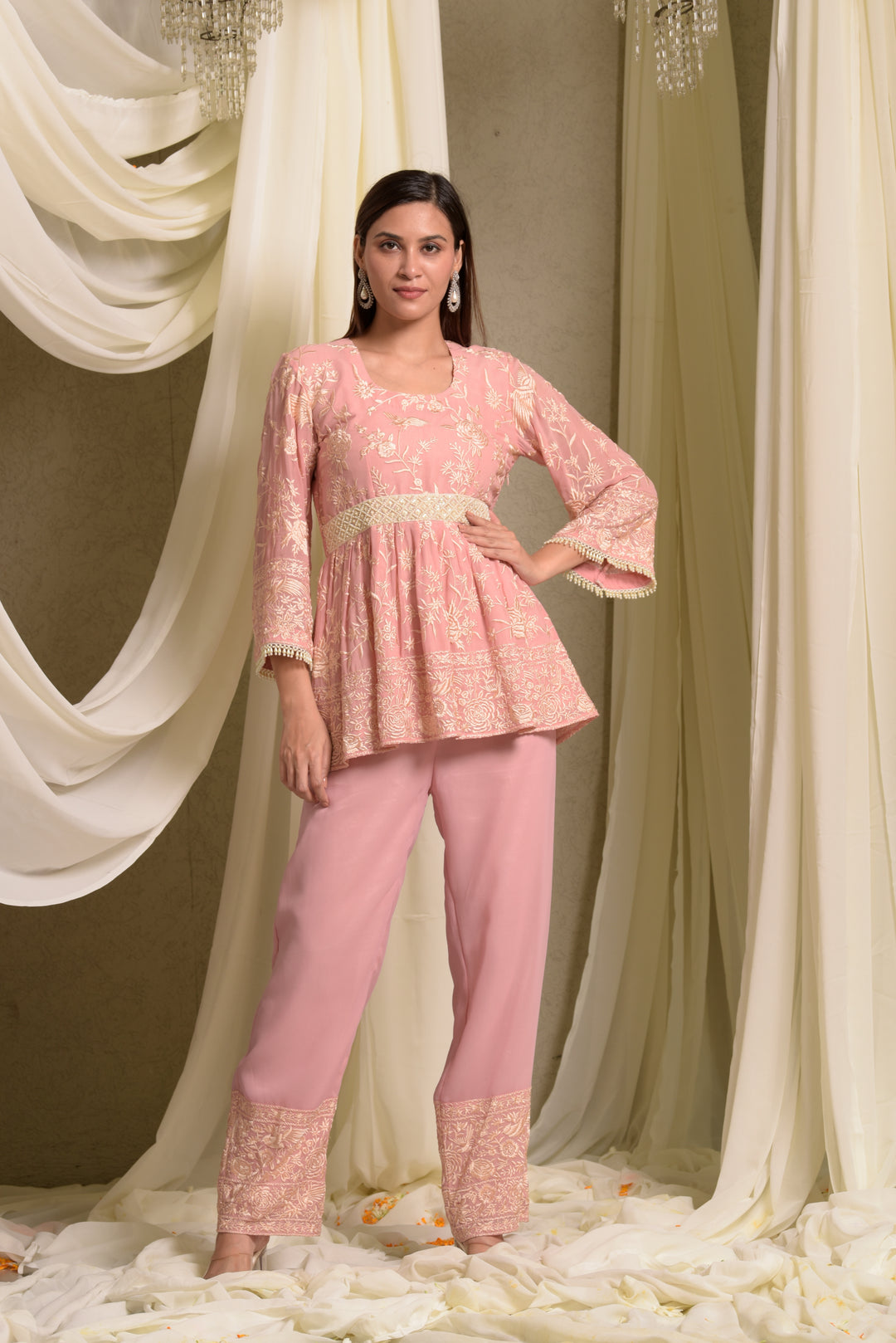 Reyna Gara Glazed Peplum With Coordinated Pants - Pink