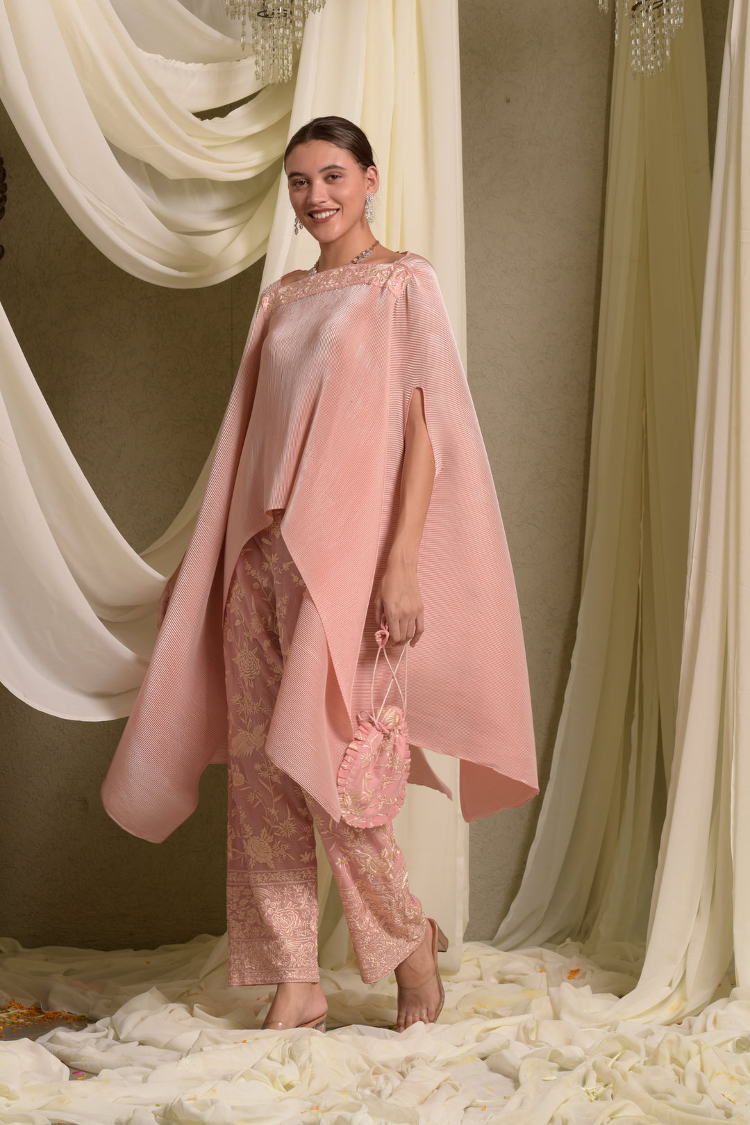 Reyna Gara Glazed Pleated Cape Coordinated with Slit Pants- Pastel Pink