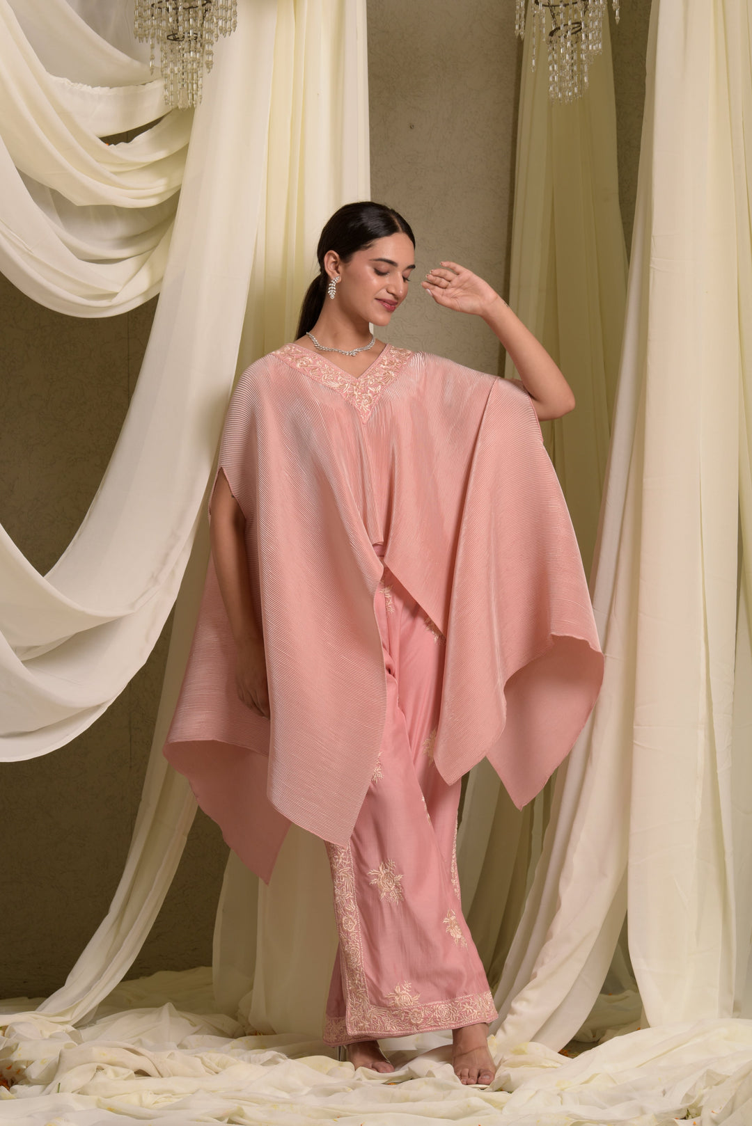 Reyna Gara Glazed Embroidered Pleated V- Neck Cape Coordinated with Straight Pants - Pastel Pink