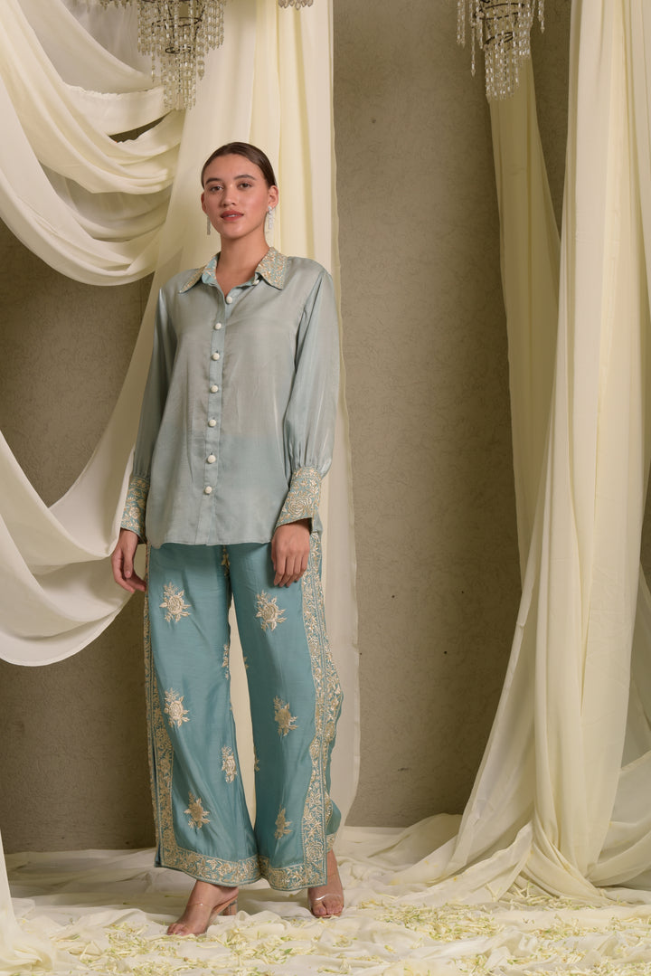 Reyna Gara Glazed Shirt With Slit Pants - Mint