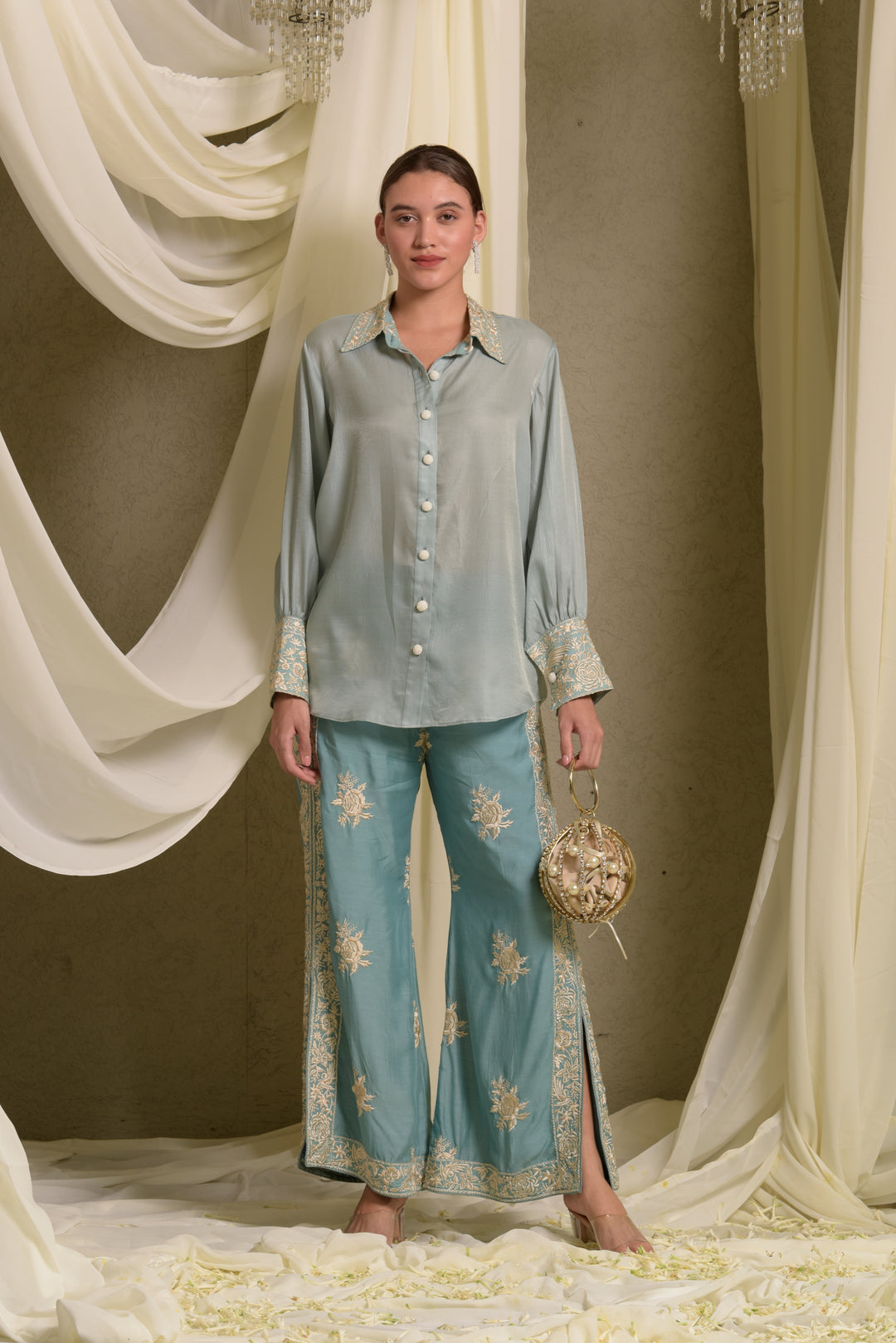 Reyna Gara Glazed Shirt With Slit Pants - Mint