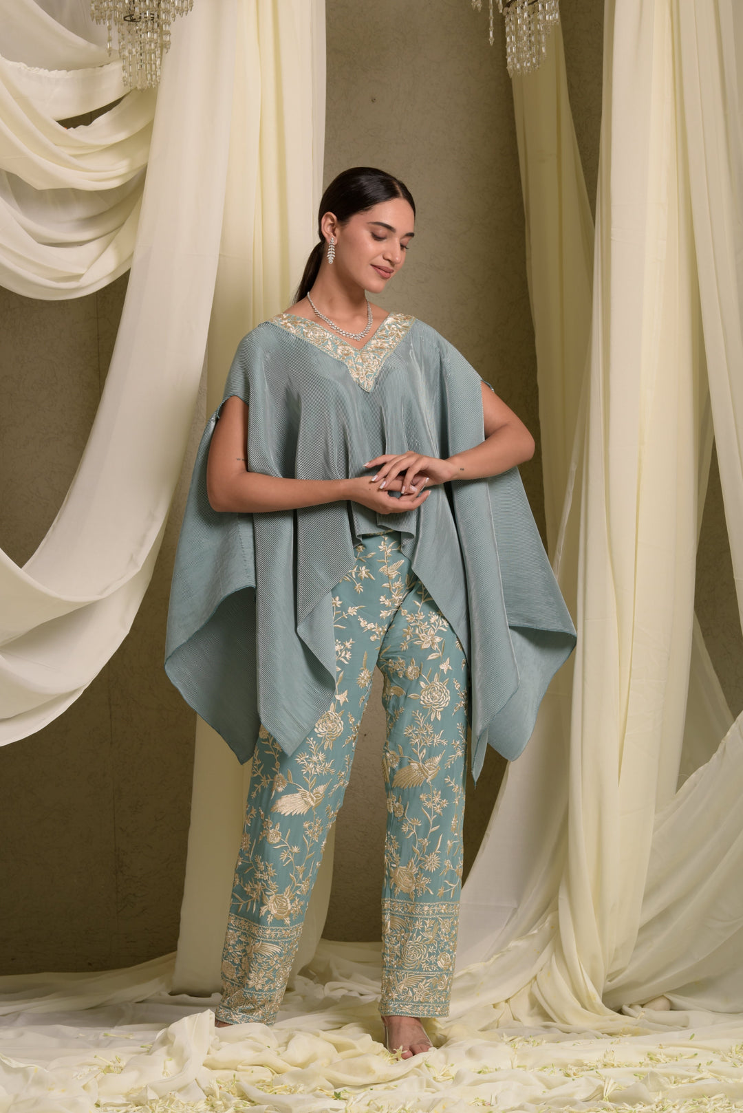 Reyna Gara Glazed Embroidered Pleated V- Neck Cape Coordinated with Straight Pants - Mint