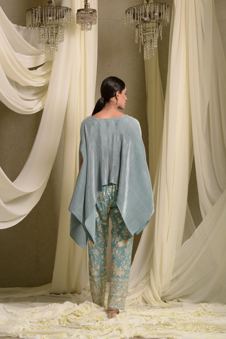 Reyna Gara Glazed Embroidered Pleated V- Neck Cape Coordinated with Straight Pants - Mint