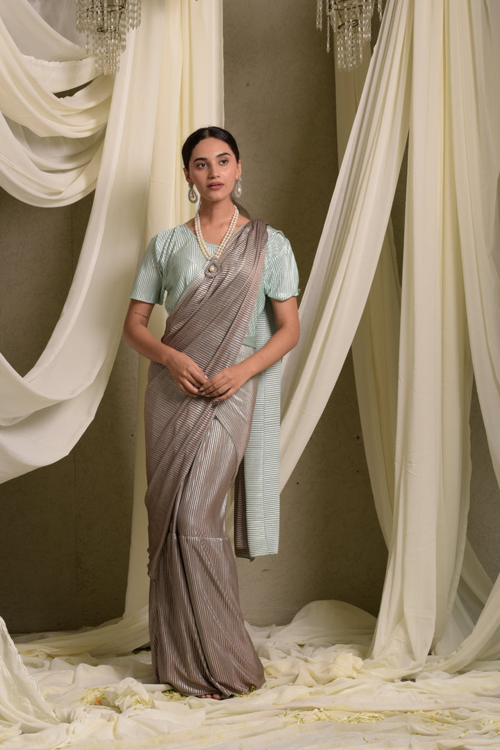 Metallic Pleated Gown Saree With Ombre Palla - Powder Blue Grey