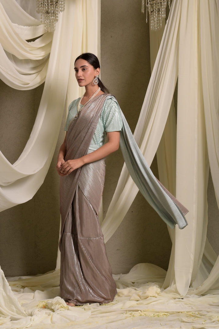 Metallic Pleated Gown Saree With Ombre Palla - Powder Blue Grey