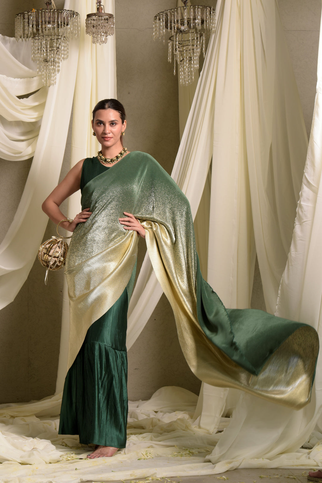 Idylic Adorned Gown Saree With Umbrous Palla - Emerald Green