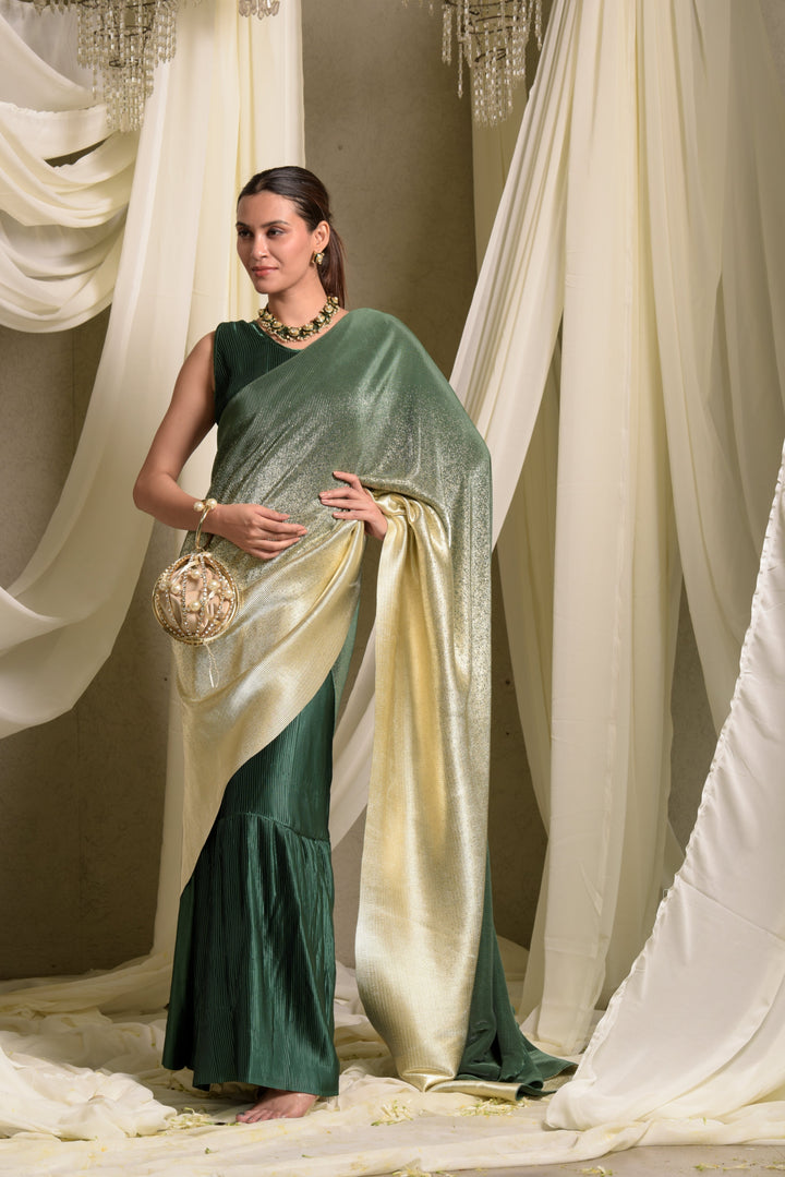 Idylic Adorned Gown Saree With Umbrous Palla - Emerald Green