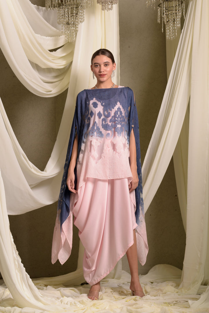 Slip Easy Dress With Organza Cape - Pink & Blue