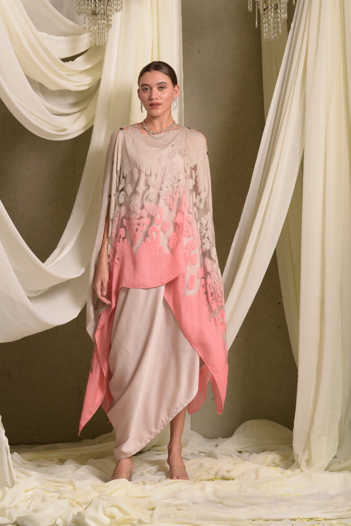 Slip Easy Dress With Organza Cape - Beige Pink