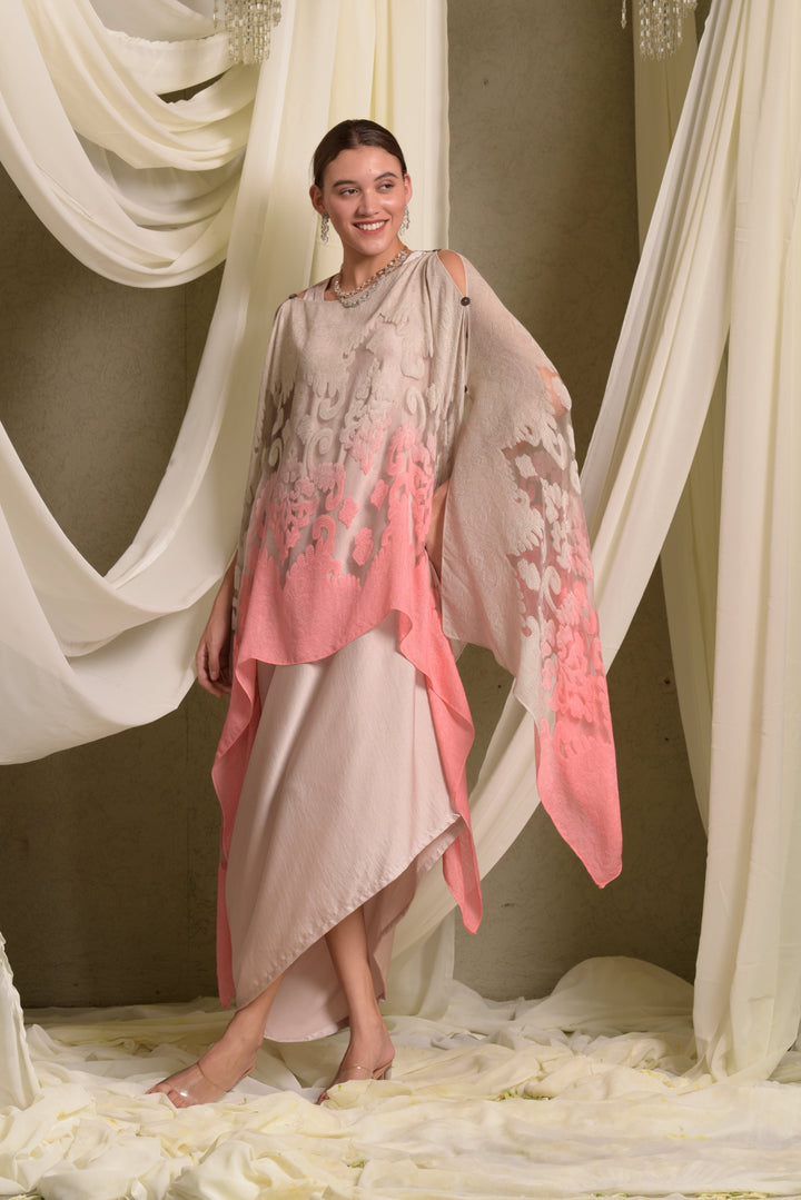 Slip Easy Dress With Organza Cape - Beige Pink