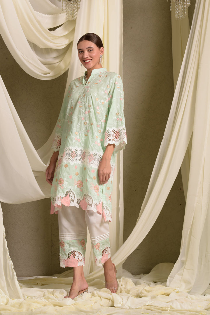 Myra Mesh Floral Lace Kurta with Pants - Green Rose