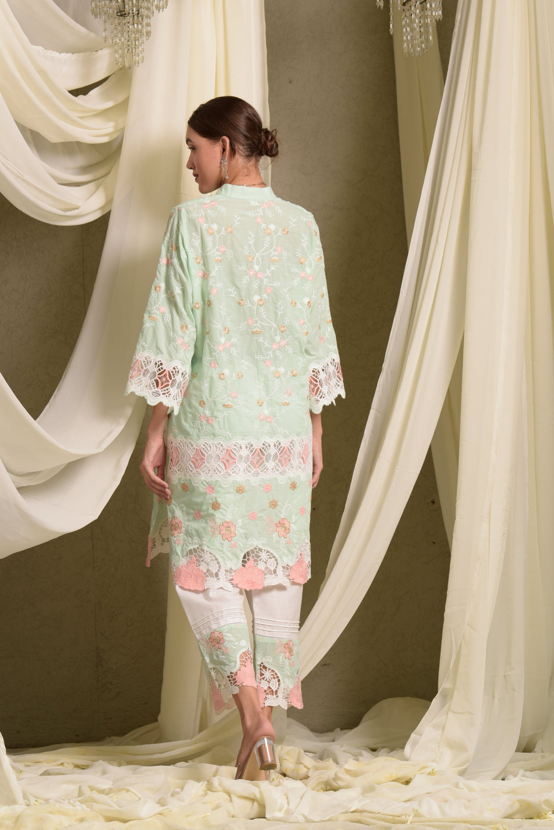 Myra Mesh Floral Lace Kurta with Pants - Green Rose