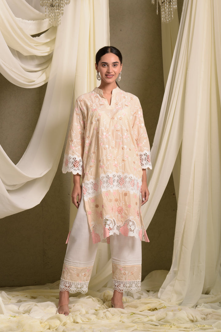 Myra Mesh Floral Lace Kurta with Pant - Beige Rose