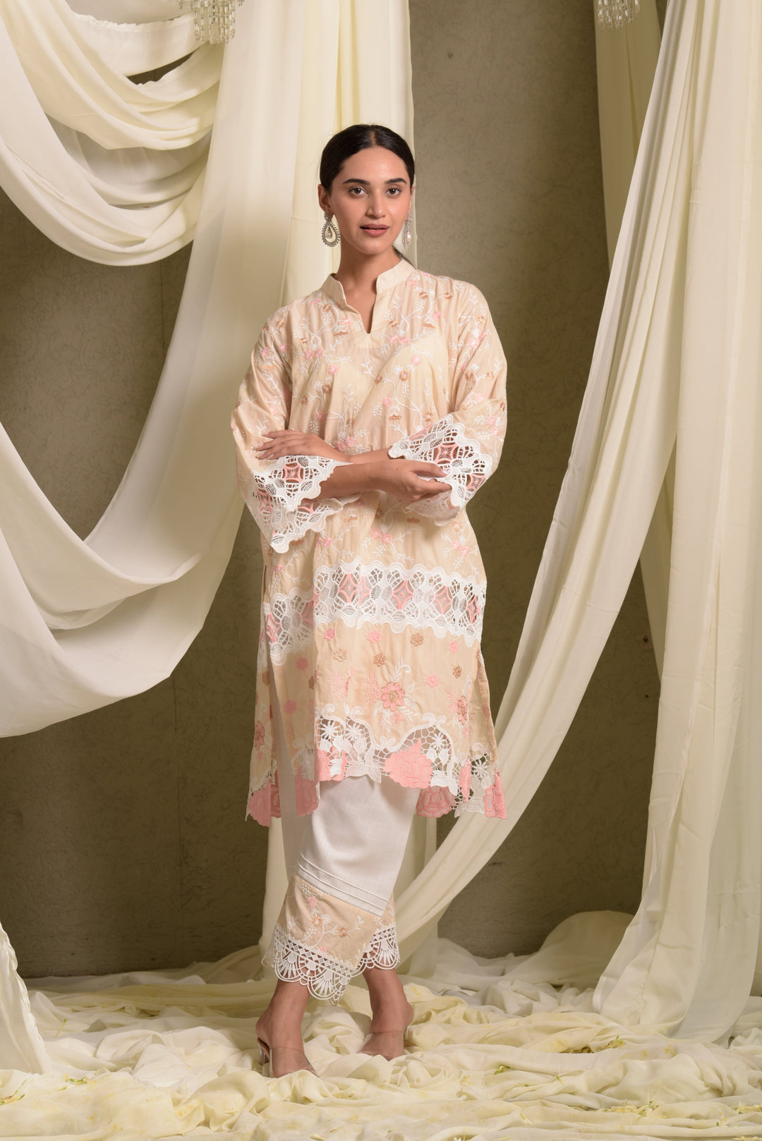 Myra Mesh Floral Lace Kurta with Pant - Beige Rose