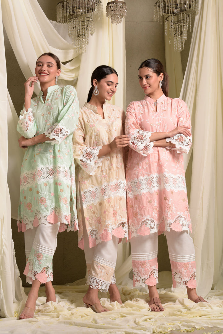 Myra Mesh Floral Lace Kurta with Pant - Beige Rose