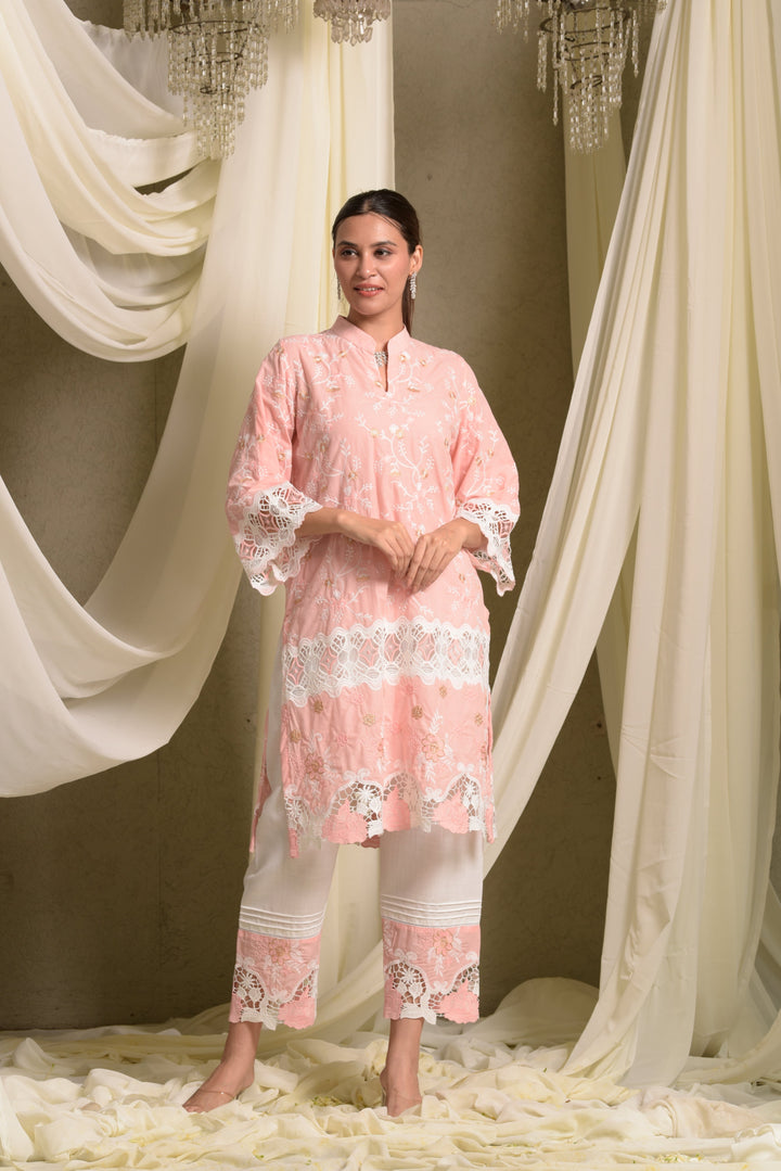 Myra Mesh Floral Lace Kurta with Pants - Peach Rose