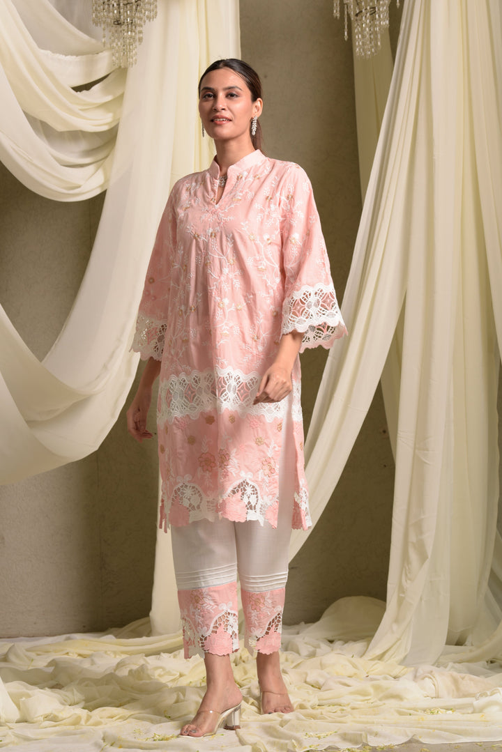 Myra Mesh Floral Lace Kurta with Pants - Peach Rose