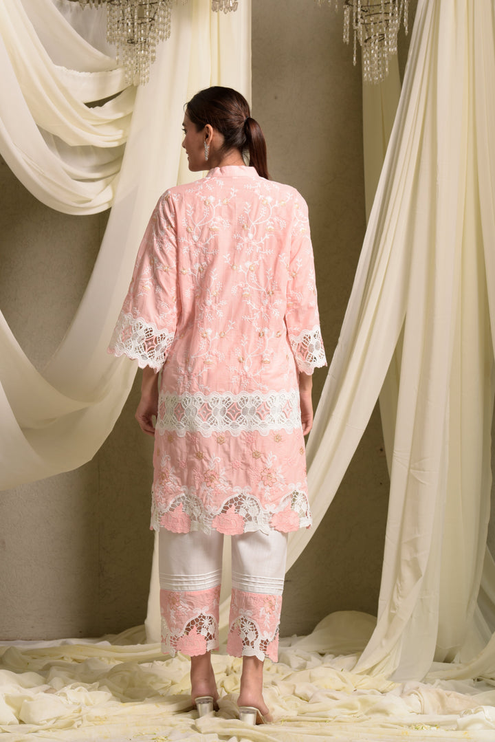 Myra Mesh Floral Lace Kurta with Pants - Peach Rose