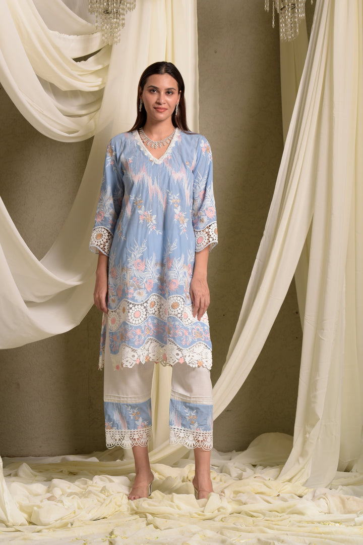 Myra Mesh Floral Lace Kurta with Pants - Blue Daffodil