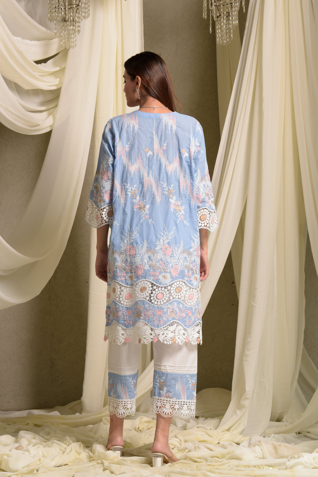 Myra Mesh Floral Lace Kurta with Pants - Blue Daffodil