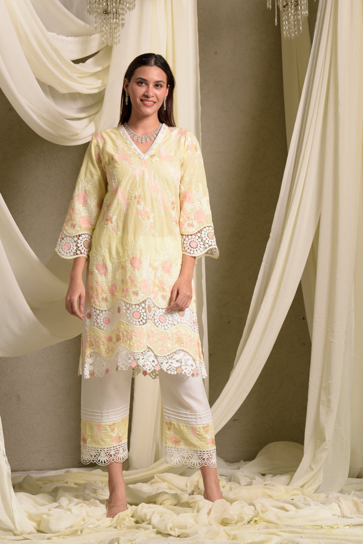 Myra Mesh Floral Lace Kurta with Pant - Yellow Daffodil