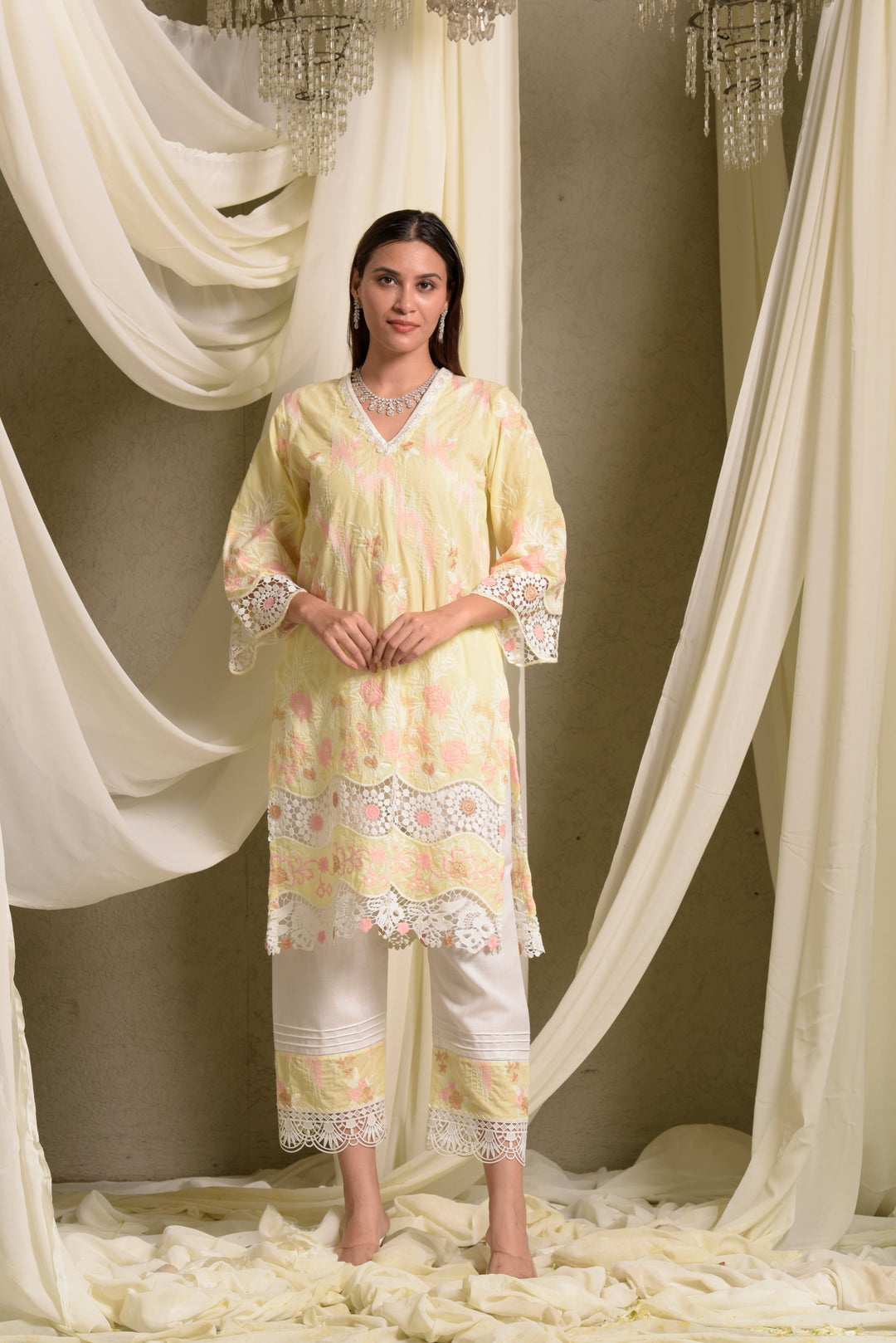 Myra Mesh Floral Lace Kurta with Pant - Yellow Daffodil