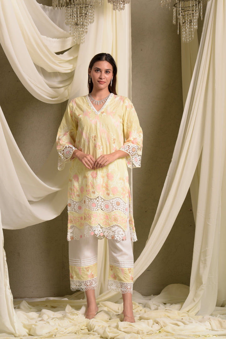 Myra Mesh Floral Lace Kurta with Pant - Yellow Daffodil