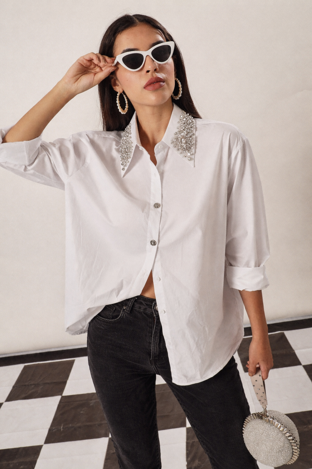 SIARA SWAROVSKI STUDDED SHIRT- WHITE