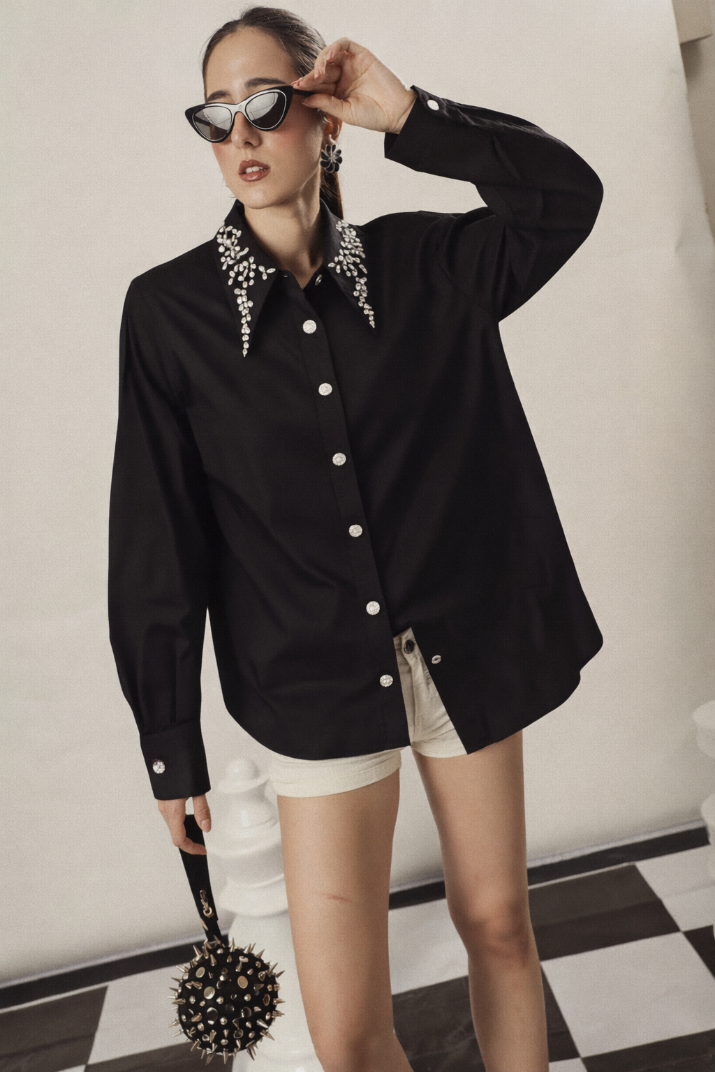 SIARA SWAROVSKI STUDDED SHIRT- BLACK
