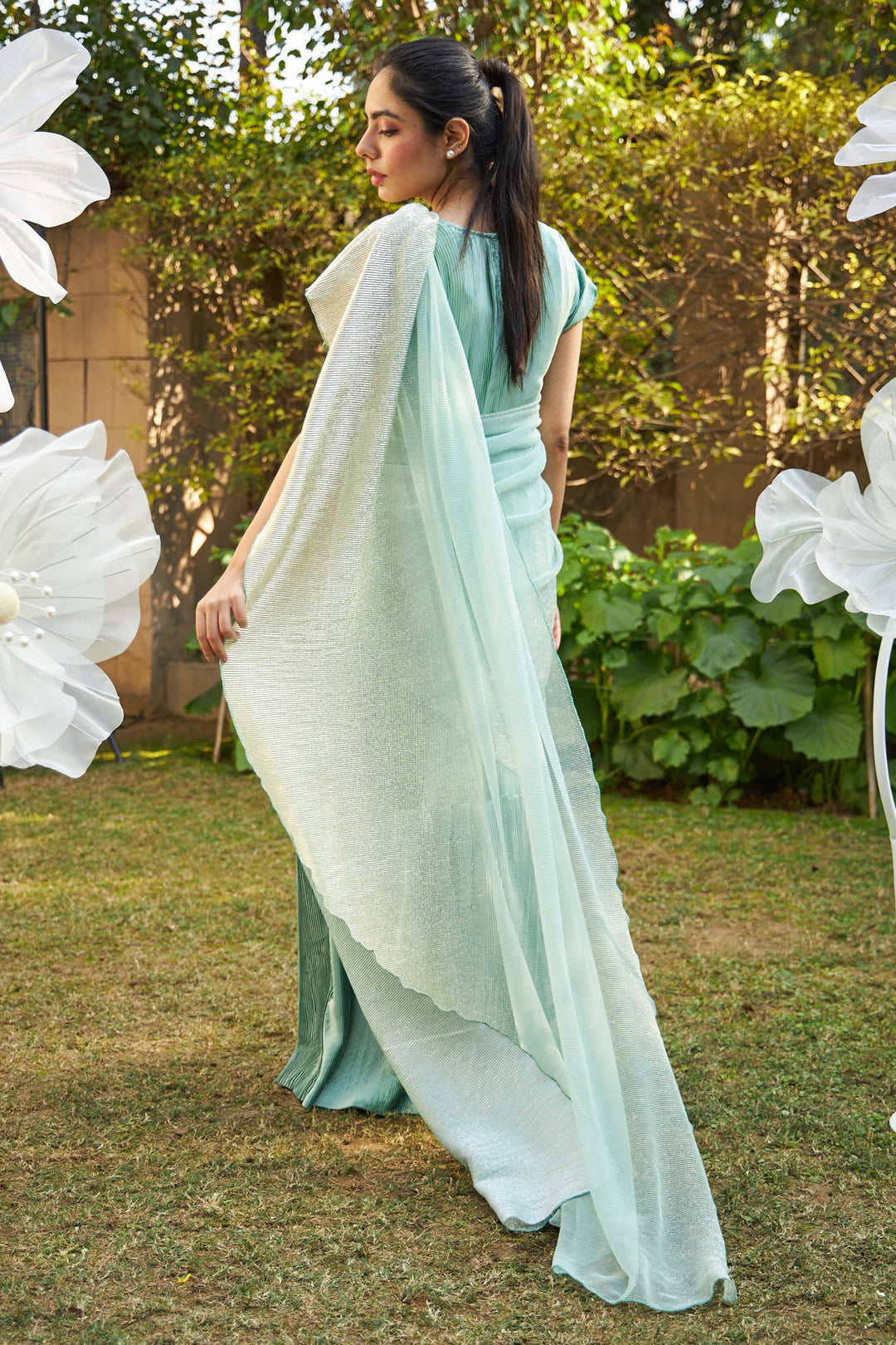 Idylic Adorned Gown Saree With Umbrous Palla - Mint Green