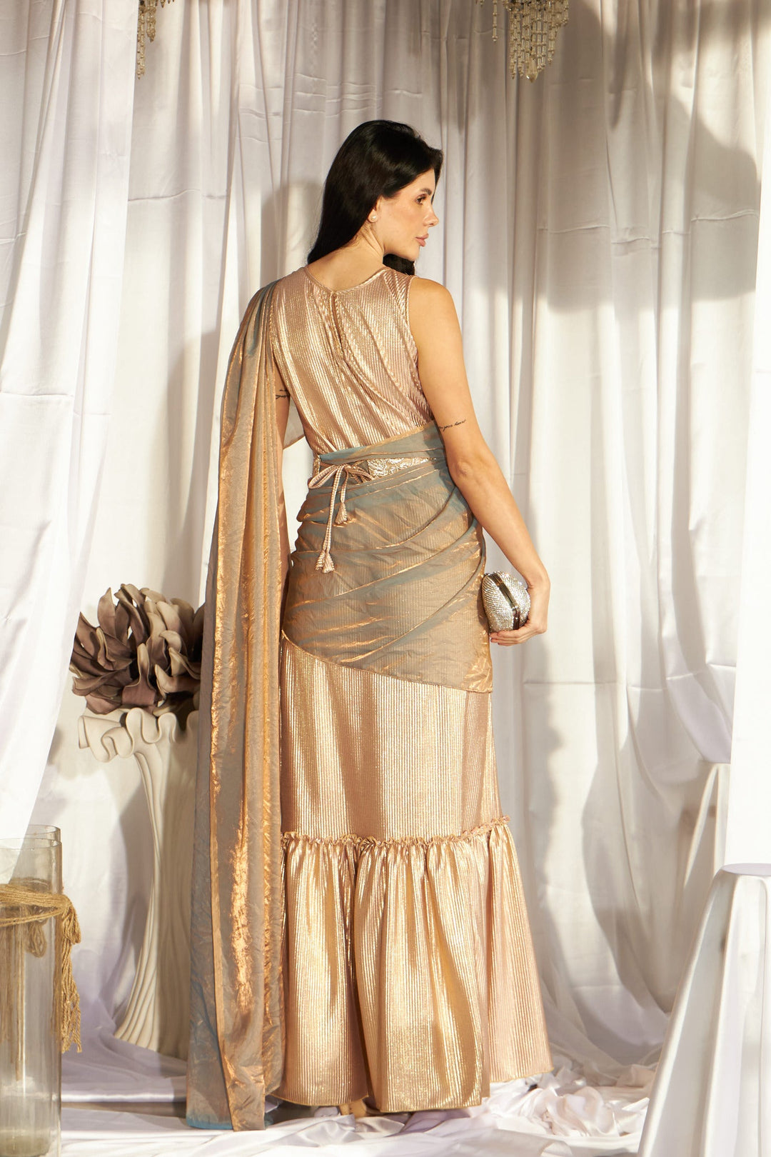 Magnificent Metallic Gown Saree with Liquid Tissue Palla - Blush