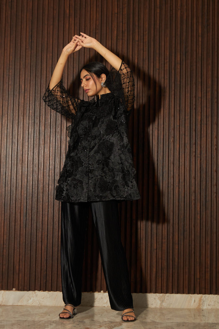 Fragrant Floral Applique Tunic Co-ordinated with Pleated Pants - Black