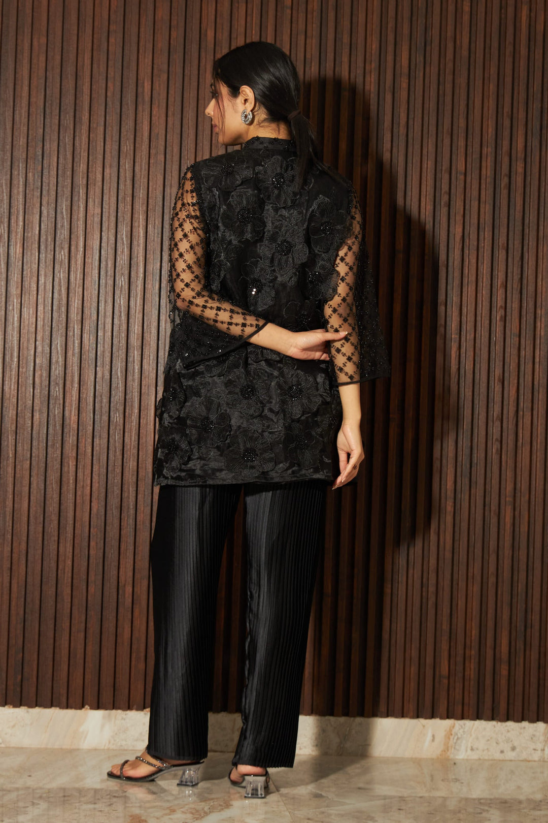 Fragrant Floral Applique Tunic Co-ordinated with Pleated Pants - Black