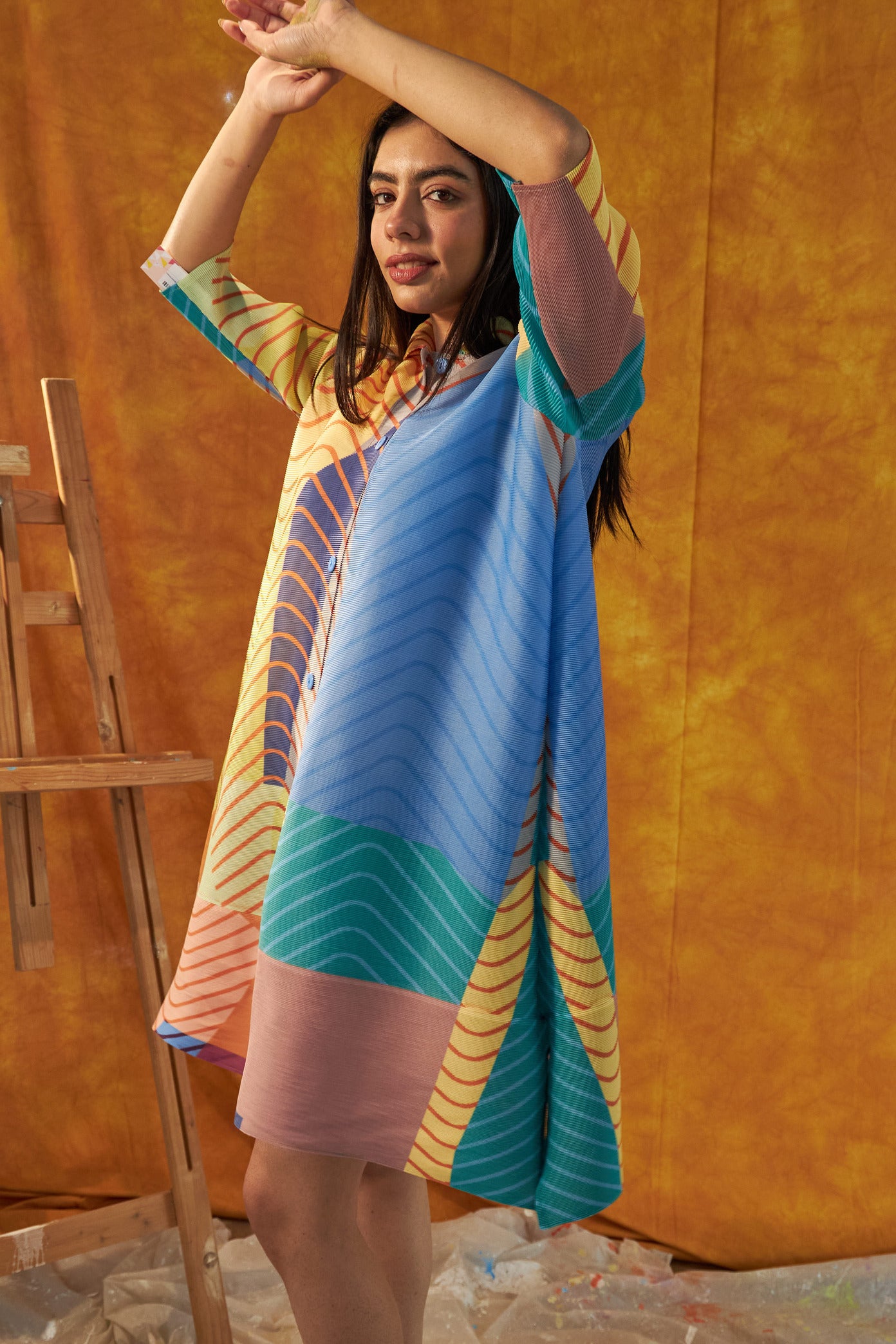 Colour Block Button Up Shirt Dress- Teal and Yellow