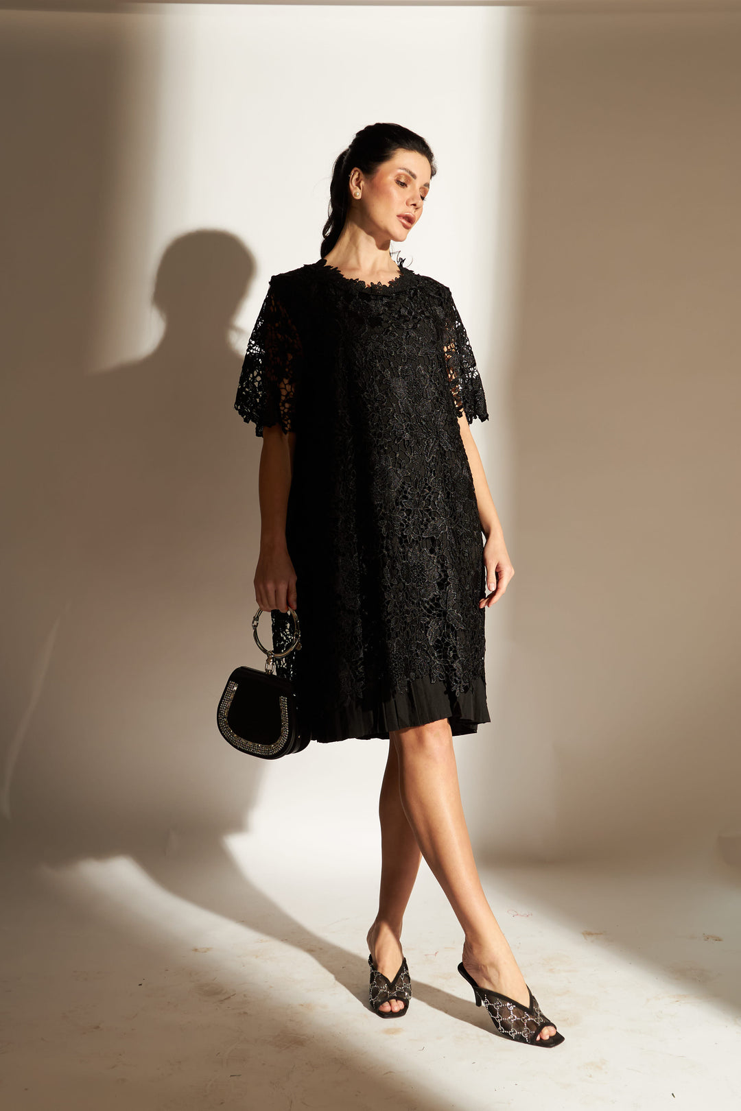 Myra Mesh Daisy Lace Dress - Black
