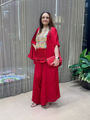 Kiri patch work kaftan top with flared pant (RED)