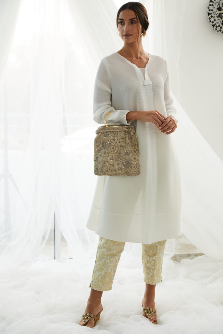 Elegant Pleated & Brocade Tunic Set- Ivory