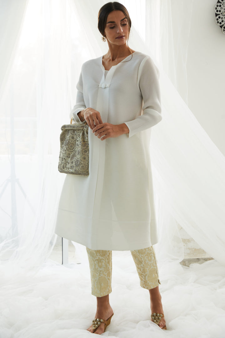 Elegant Pleated & Brocade Tunic Set- Ivory