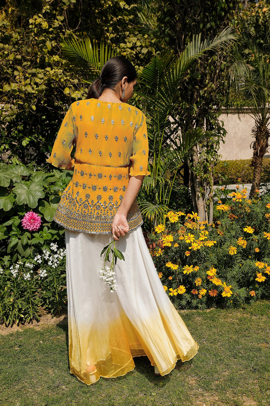 Isabella embroidered pleated peplum top with ombre organza sharara and Isa belt- Ochre