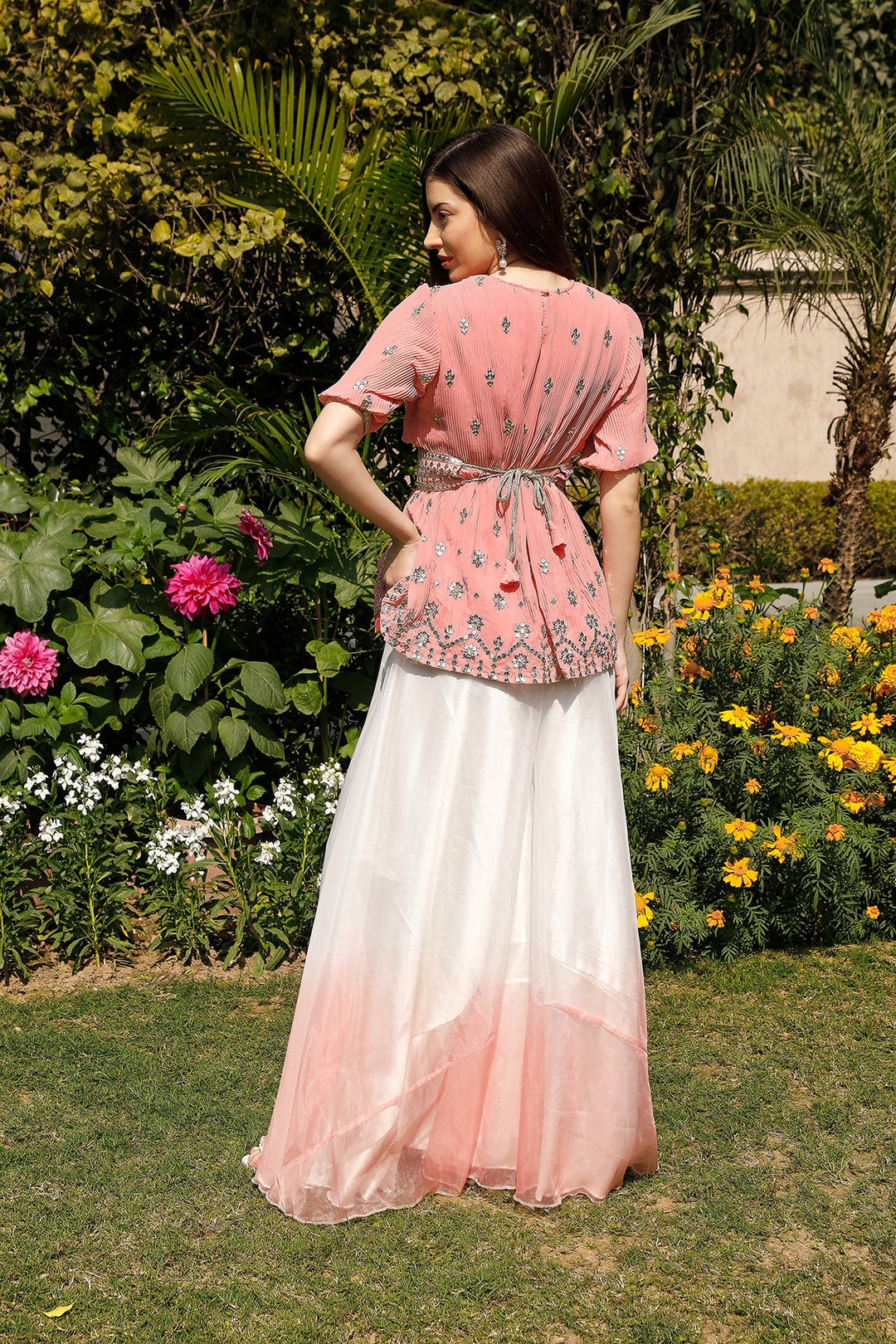 Isabella Pleated Peplum Top with Ombre Organza Sharara and Belt - Blush Pink