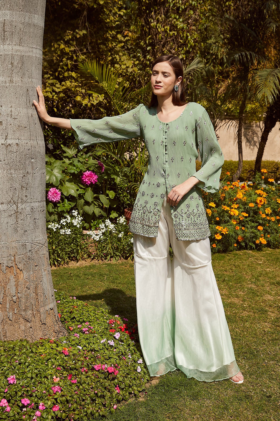 Dainty Diana Embellished Long Tunic with Ombre Organza Sharara and Embroidered Dupatta - Mint Green