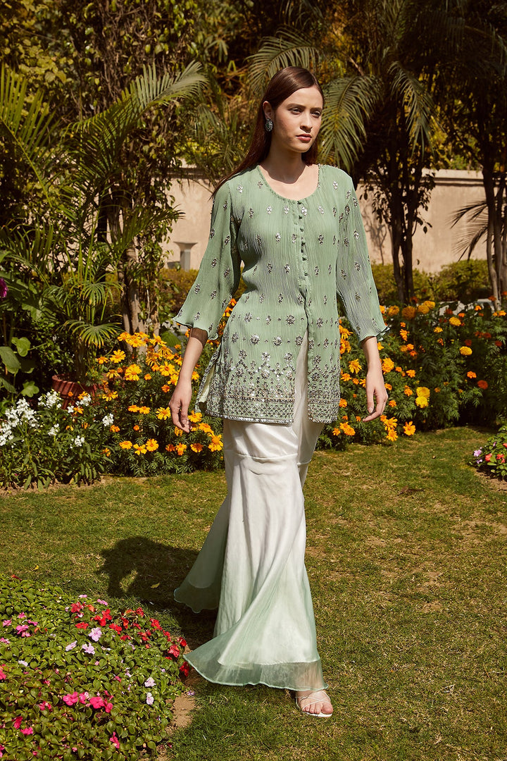 Dainty Diana Embellished Long Tunic with Ombre Organza Sharara and Embroidered Dupatta - Mint Green