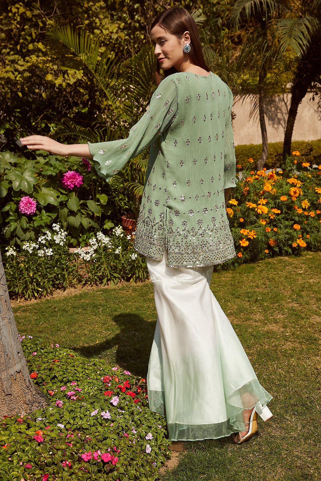 Dainty Diana Embellished Long Tunic with Ombre Organza Sharara and Embroidered Dupatta - Mint Green