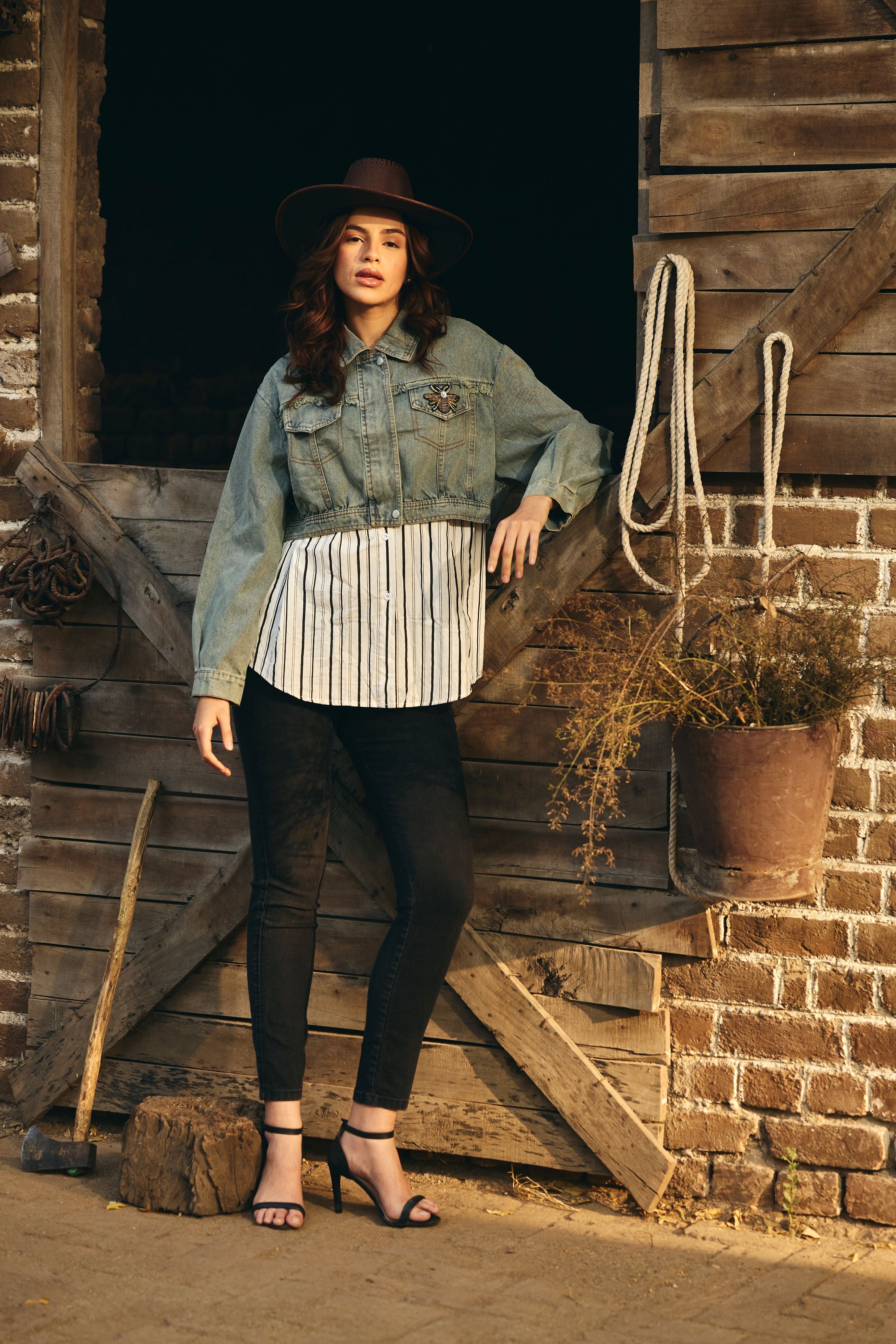 Daryl Striped Shirt with Denim Jacket - Black & White