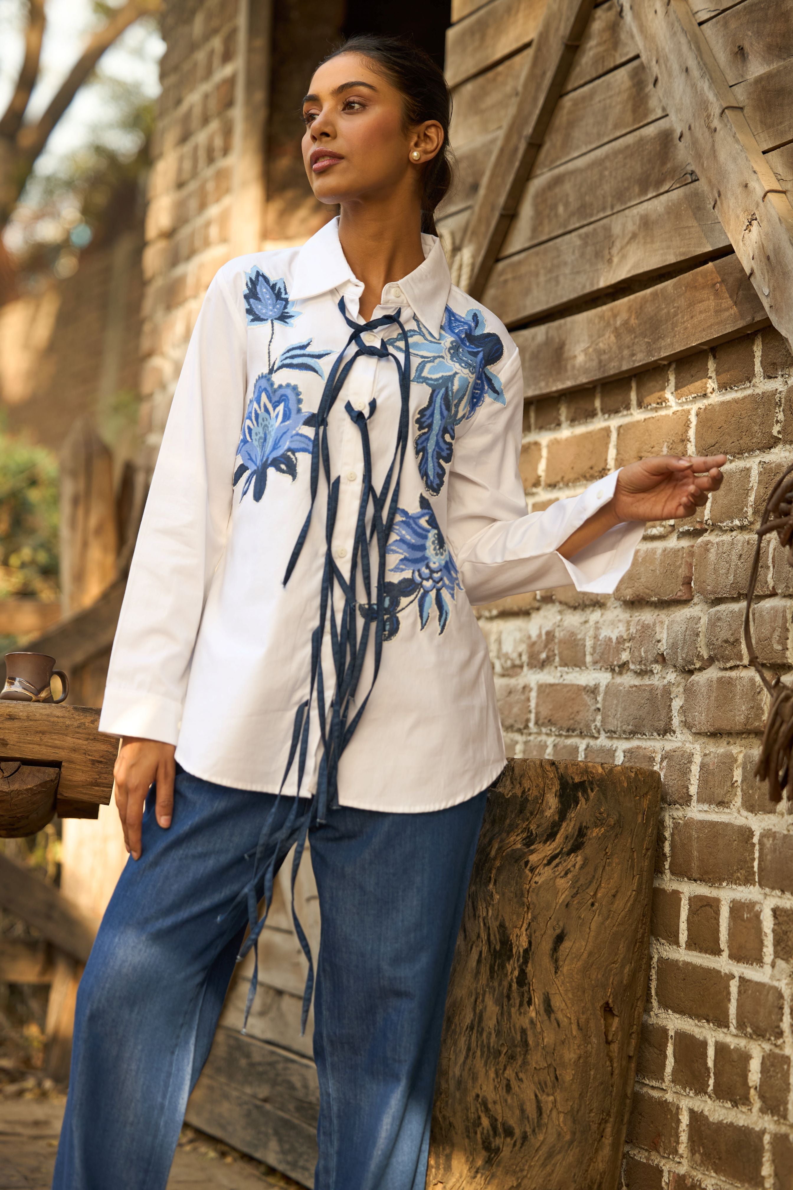 Danielle Distressed Floral Embroidered Shirt - White & Blue