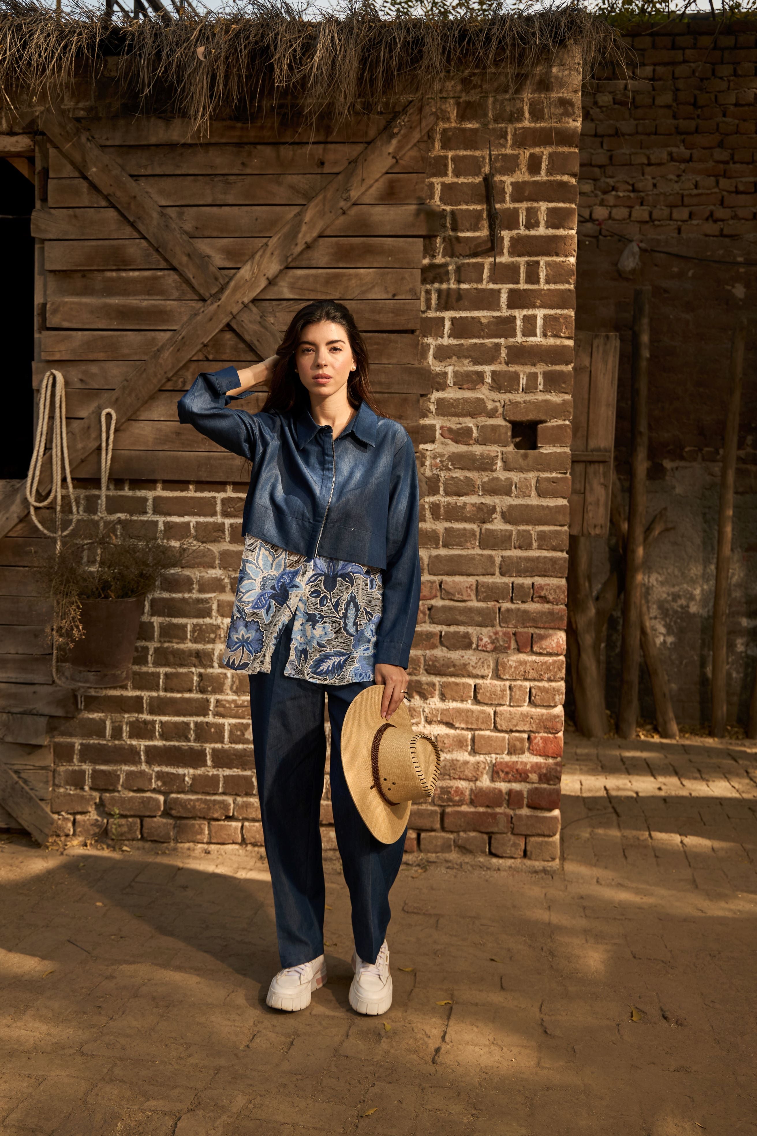 Danielle Denim Zippered Co-ord Set - Ivory & Blue